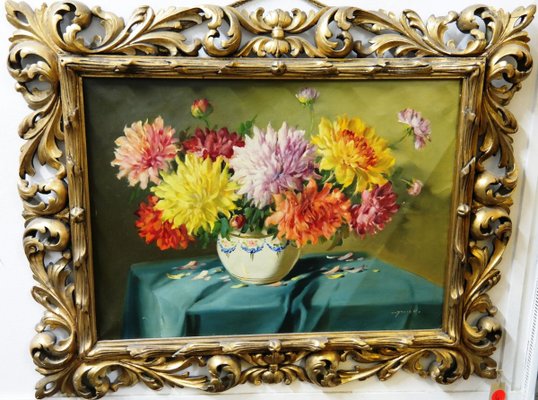 Still Life with Chrysanthemum Flowers in Florentin Frame, Vilmos Murin, 1930s-UWE-887916