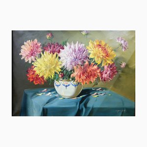 Still Life with Chrysanthemum Flowers in Florentin Frame, Vilmos Murin, 1930s-UWE-887916