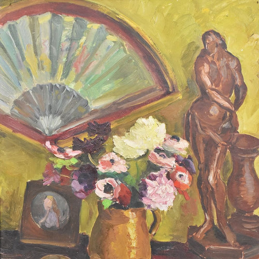 Still Life with Fan and Anemones, Oil Painting on Wood, 20th Century