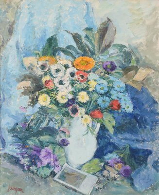 Still Life with Flowers and Photograph, Mid-20th Century, Oil on Canvas-AOI-1106808