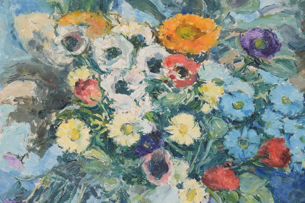 Still Life with Flowers and Photograph, Mid-20th Century, Oil on Canvas-AOI-1106808