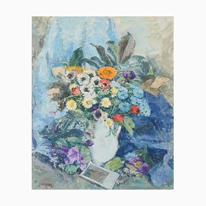 Still Life with Flowers and Photograph, Mid-20th Century, Oil on Canvas-AOI-1106808