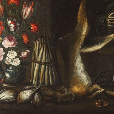 Still Life with Game, Asparagus, Chestnuts and Flowers, 1800s, Oil on Canvas-VMM-1778174