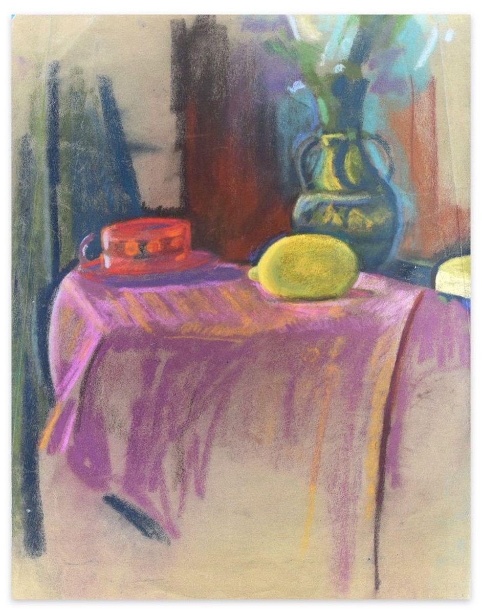 Still Life with Lemon and Hat - Oil Paste and Chalk Drawing - Late 19th Century Late 19th Century