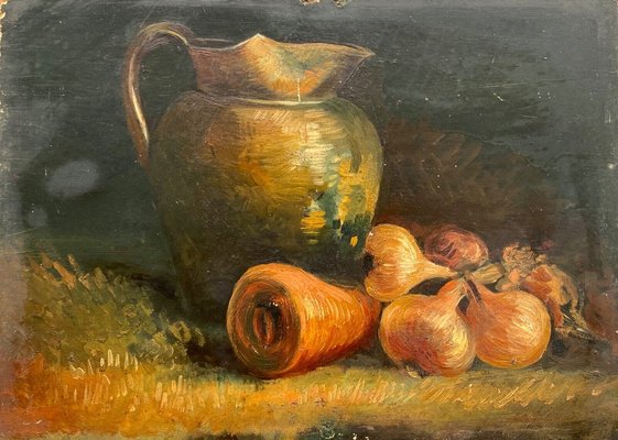 Still Life with Pitcher and Onions, Early 20th Century, Oil on Cardboard, Framed-QKG-1357196