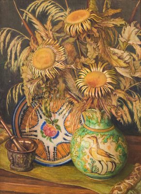 Still Life with Sunflowers and Majolica Jug, Mid-20th Century, Oil on Canvas-AOI-1106865