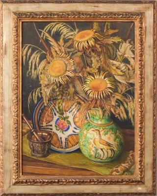 Still Life with Sunflowers and Majolica Jug, Mid-20th Century, Oil on Canvas-AOI-1106865