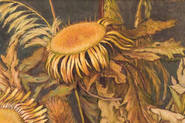 Still Life with Sunflowers and Majolica Jug, Mid-20th Century, Oil on Canvas-AOI-1106865