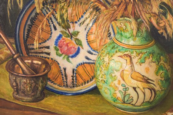 Still Life with Sunflowers and Majolica Jug, Mid-20th Century, Oil on Canvas-AOI-1106865