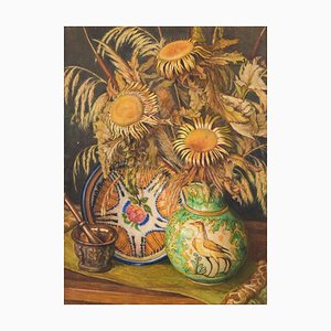 Still Life with Sunflowers and Majolica Jug, Mid-20th Century, Oil on Canvas-AOI-1106865