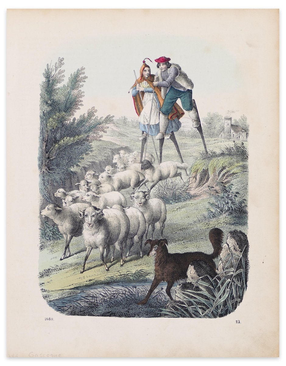 Stilt-Walking Shepherds - Original Lithograph - 1860 1860