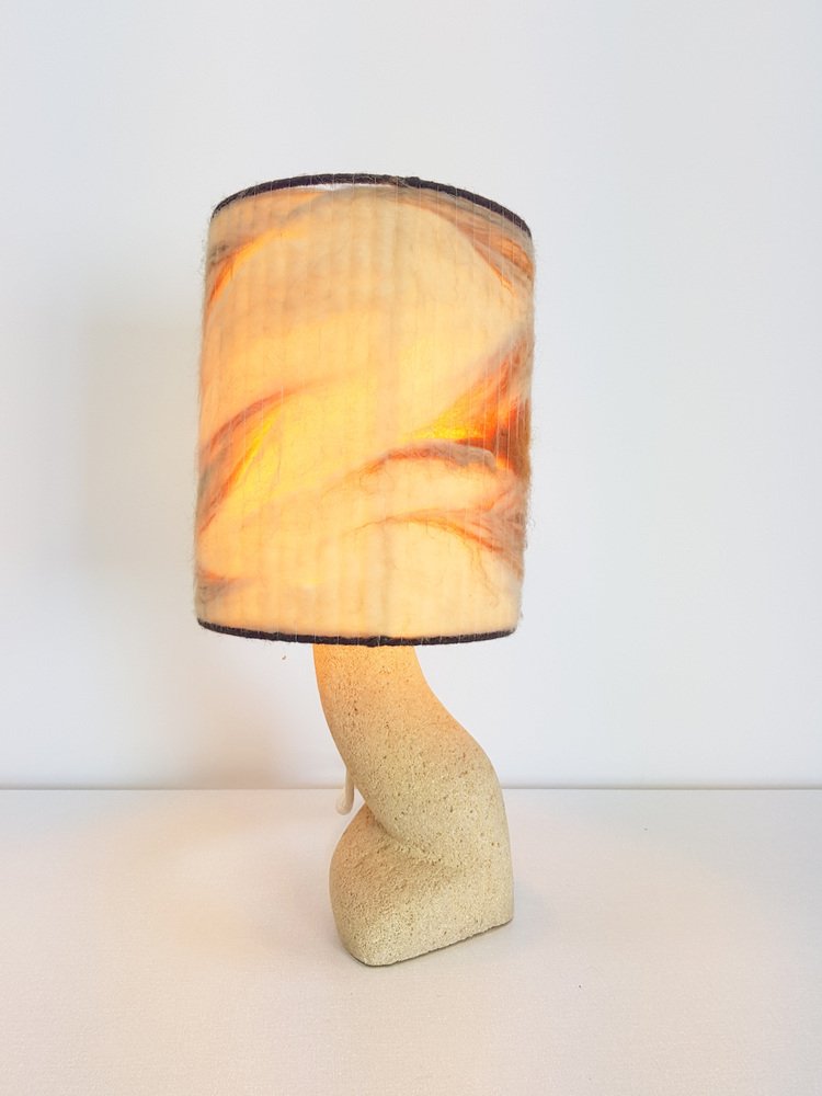 Stone & Wool Brutalist Art Table Lamp, 1970s