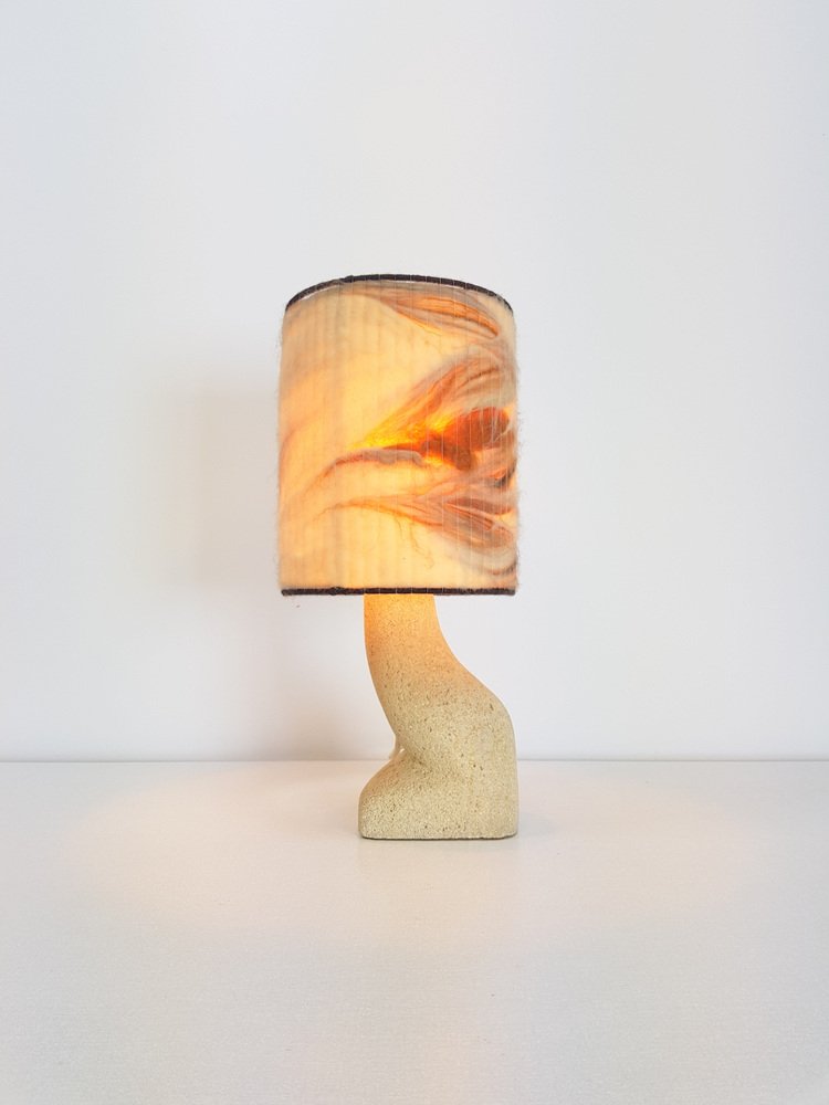 Stone & Wool Brutalist Art Table Lamp, 1970s