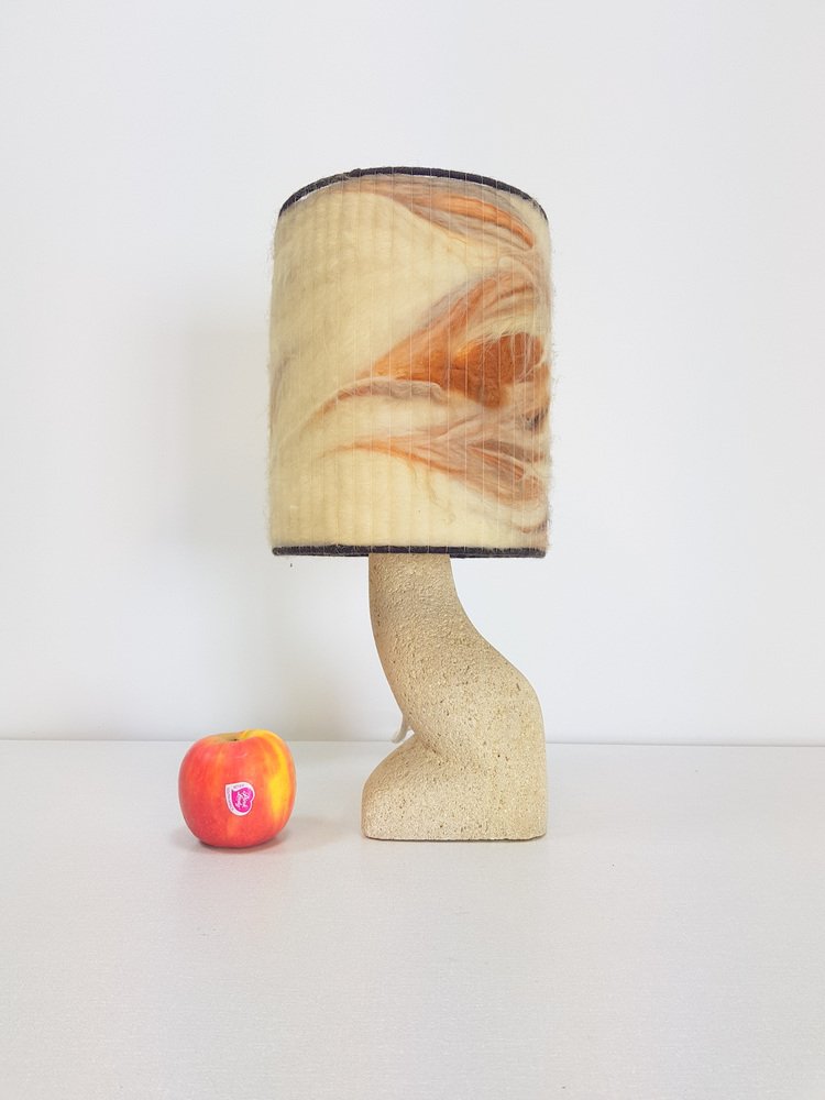 Stone & Wool Brutalist Art Table Lamp, 1970s