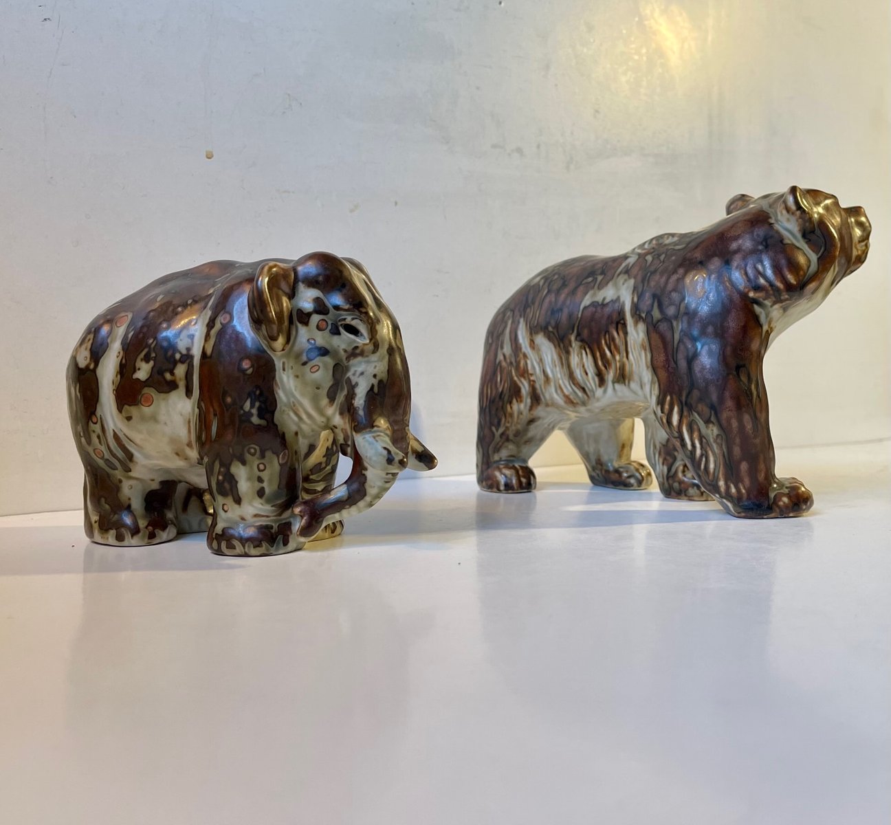 Stoneware Elephant and Bear by Knud Kyhn for Royal Copenhagen, 1950s, Set of 2