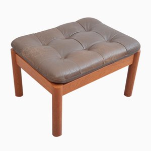 Stool or Footstool in Teak with Leather Cushion-ZE-990940