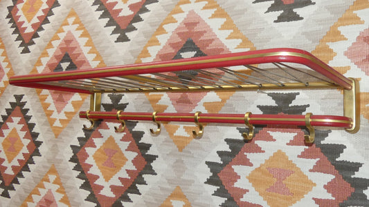 String Coat Rack in Red Brass With Hat Hooks, 1950s