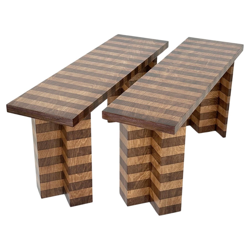 Striped Oak Twin Benches by Goons, Set of 2