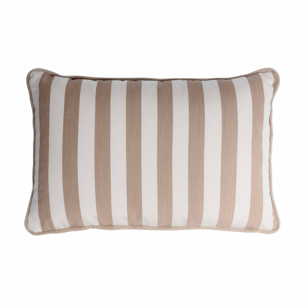 Striped Outdoor Happy Frame Pillow Beige and White with Piping