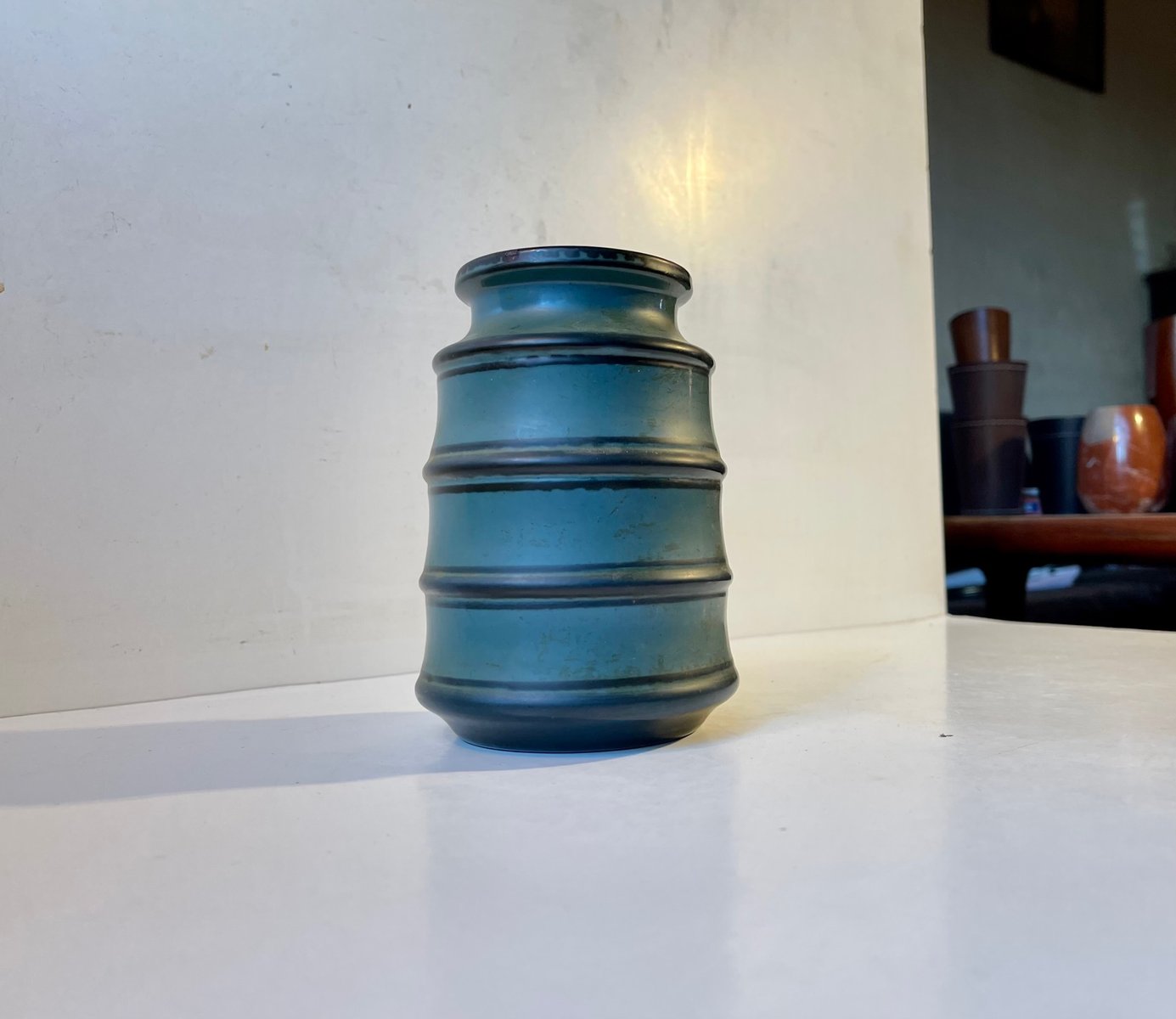 Striped Petrol Blue Ceramic Vase by Knabstrup, 1960s