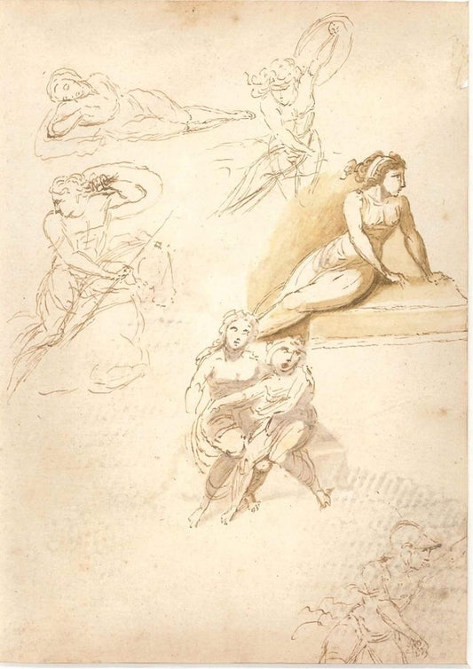 Studies on Women Figures - Original Ink Drawing by Anonymous Italian Artist 1800 First half of 19th Century