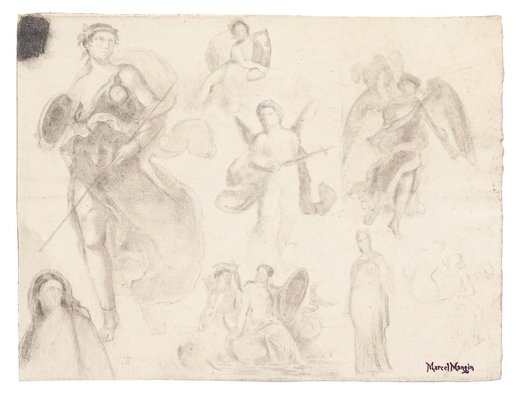 Study of Figures - Original Pencil Drawing by Marcel Mangin - 20th Century 1950 ca.-ZCI-754773