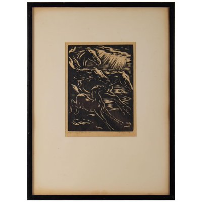 Stylized Horses Running Framed Engraving, 1930s-WFS-744752