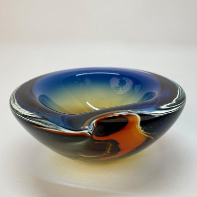 Submerged Murano Glass Ashtray or Bowl in Amber & Blue by Flavio Poli, Italy, 1960s-JDR-1125434