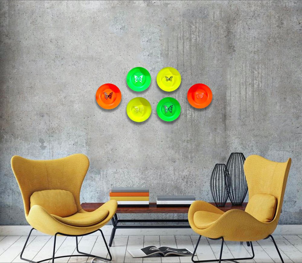 Sumit Mehndiratta, Neon Butterflies, 2022, Stainless Steel Discs, Set of 6