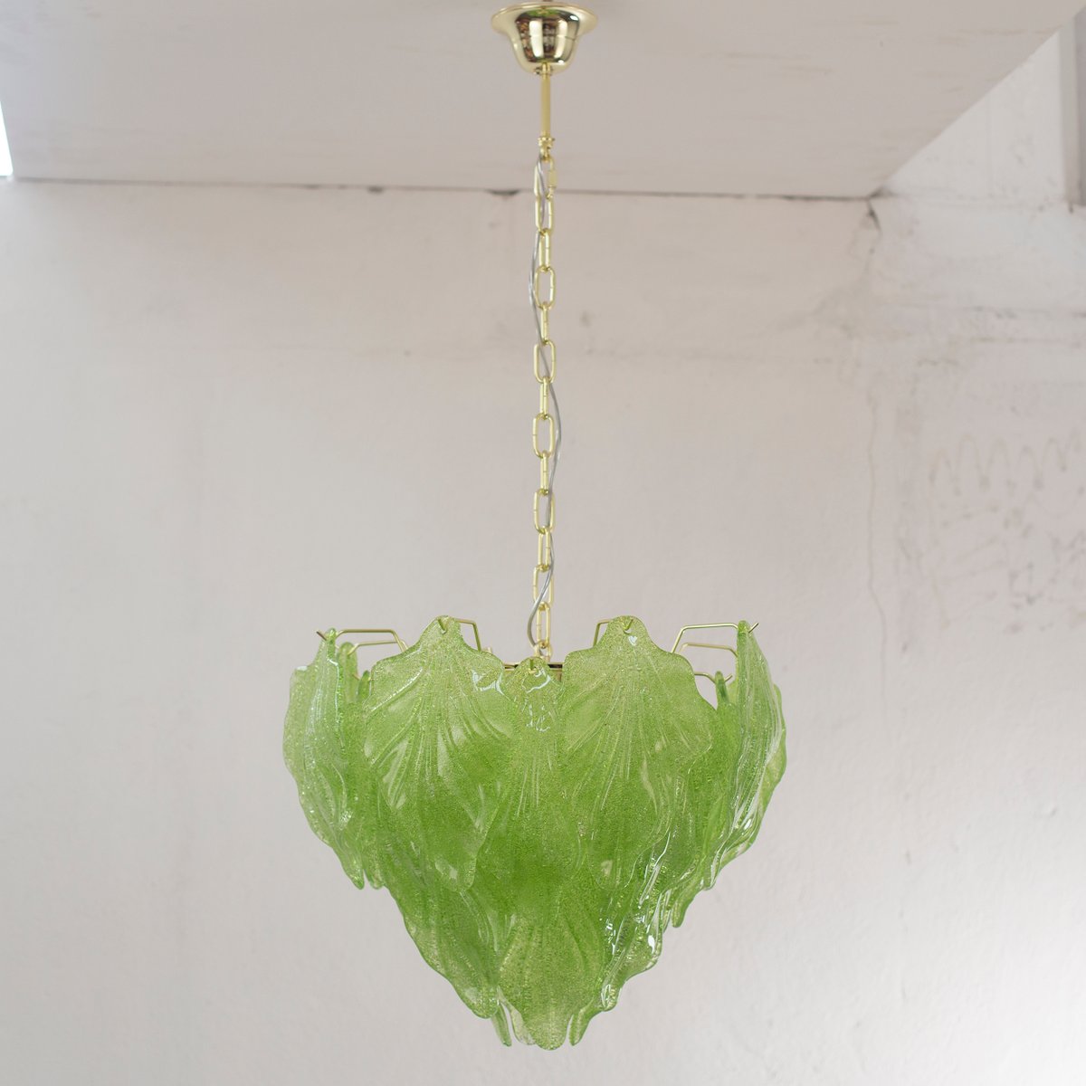 Suspension Chandelier in Murano Glass Leaves Green Color, Italy, 1990s