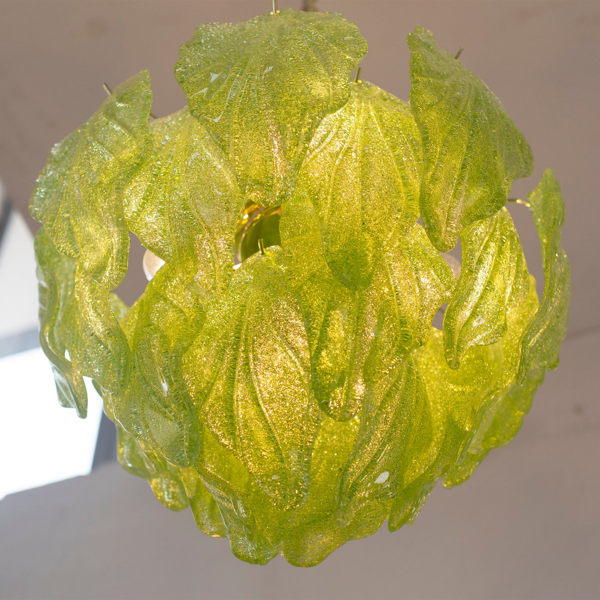 Suspension Chandelier in Murano Glass Leaves Green Color, Italy, 1990s