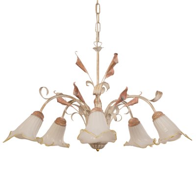 Suspension Chandelier with 5 Lights in White Murano Glass & Handmade Brass Structure, Italy, 1980s-MPO-1815149