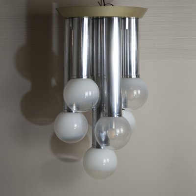 Suspension Chandelier With 7 Lights in Satin Glass, Italy, 1970s-JQO-1174987