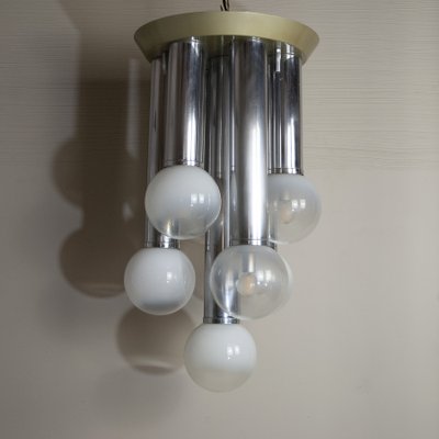 Suspension Chandelier With 7 Lights in Satin Glass, Italy, 1970s-JQO-1174987