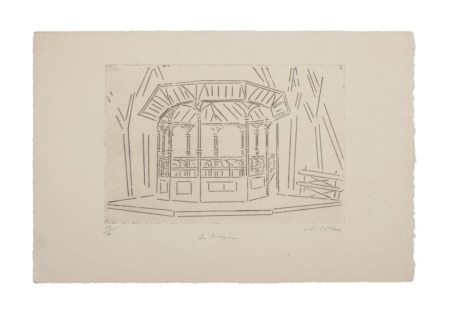 Suzanne Cattan,The Kiosk, Etching, 20th Century