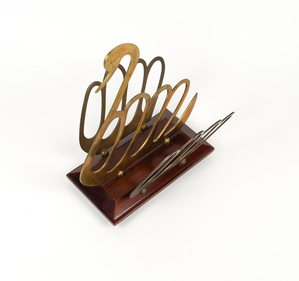 Swan Shaped Magazine Rack in Wood and Brass in the style of Maison Jansen, Italy, 1970s