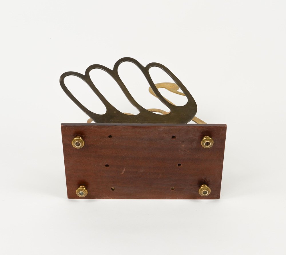 Swan Shaped Magazine Rack in Wood and Brass in the style of Maison Jansen, Italy, 1970s