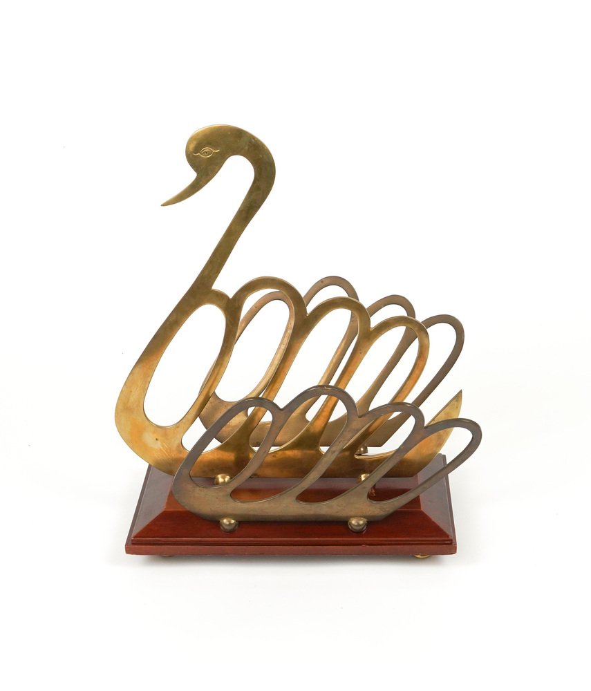 Swan Shaped Magazine Rack in Wood and Brass in the style of Maison Jansen, Italy, 1970s