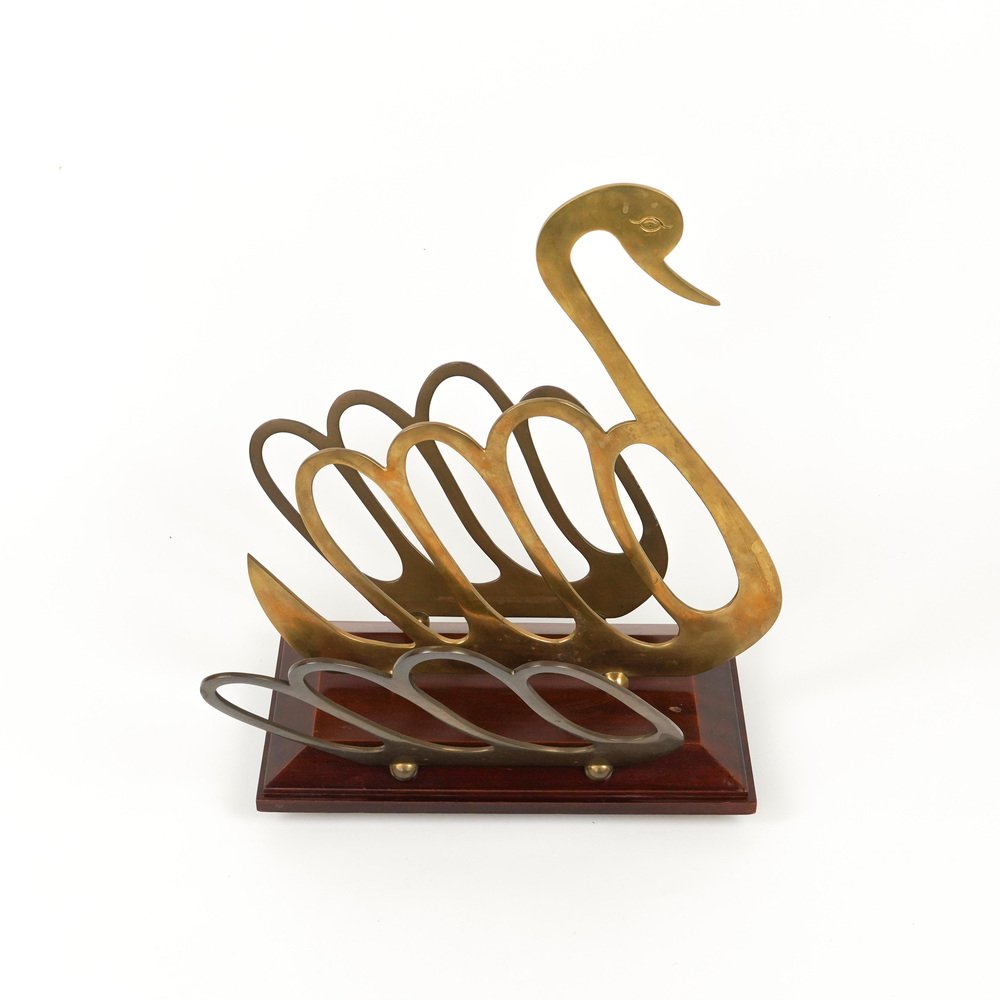 Swan Shaped Magazine Rack in Wood and Brass in the style of Maison Jansen, Italy, 1970s