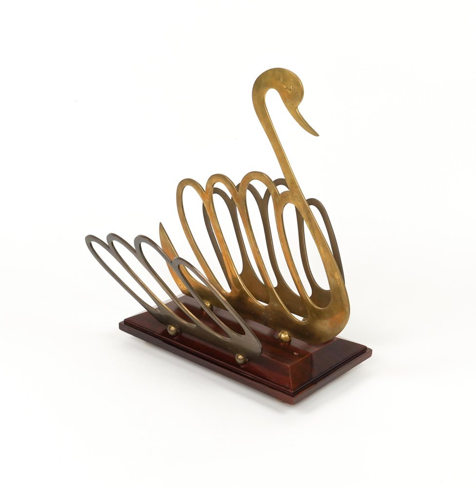 Swan Shaped Magazine Rack in Wood and Brass in the style of Maison Jansen, Italy, 1970s