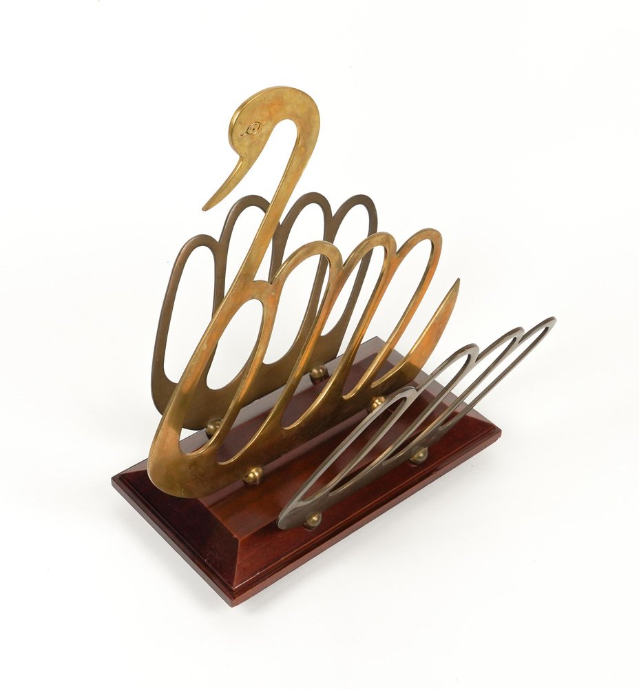 Swan Shaped Magazine Rack in Wood and Brass in the style of Maison Jansen, Italy, 1970s