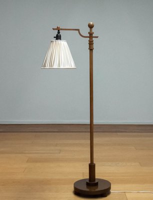 Swedish Art Deco Walnut Floor Lamp with Silk Satin Shade, 1930s-JE-1745410