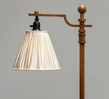 Swedish Art Deco Walnut Floor Lamp with Silk Satin Shade, 1930s-JE-1745410