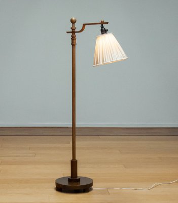 Swedish Art Deco Walnut Floor Lamp with Silk Satin Shade, 1930s-JE-1745410