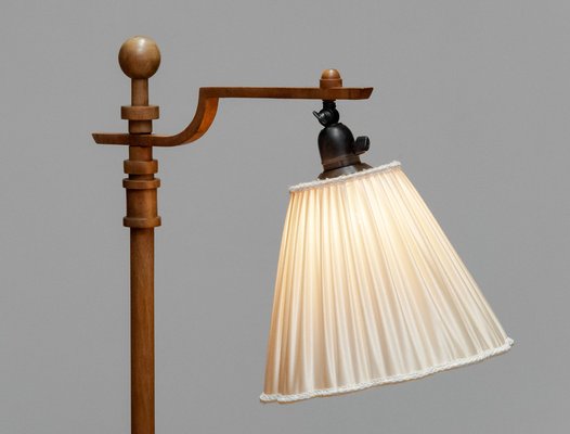 Swedish Art Deco Walnut Floor Lamp with Silk Satin Shade, 1930s-JE-1745410