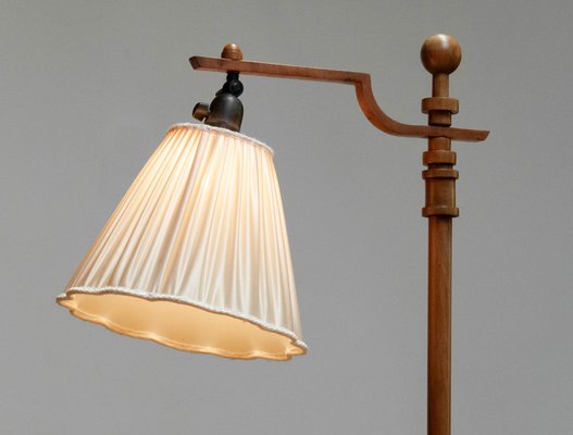 Swedish Art Deco Walnut Floor Lamp with Silk Satin Shade, 1930s-JE-1745410