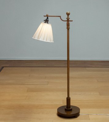 Swedish Art Deco Walnut Floor Lamp with Silk Satin Shade, 1930s-JE-1745410