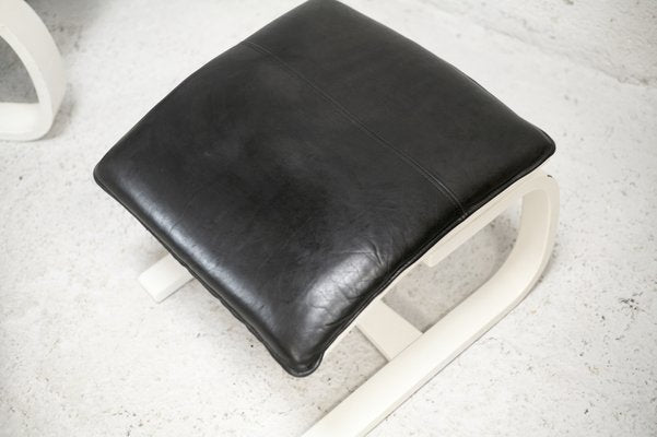 Swedish Black Leather and Cream Lacquered Wood Armchairs and Ottomans, 1975, Set of 4-MAO-1270893