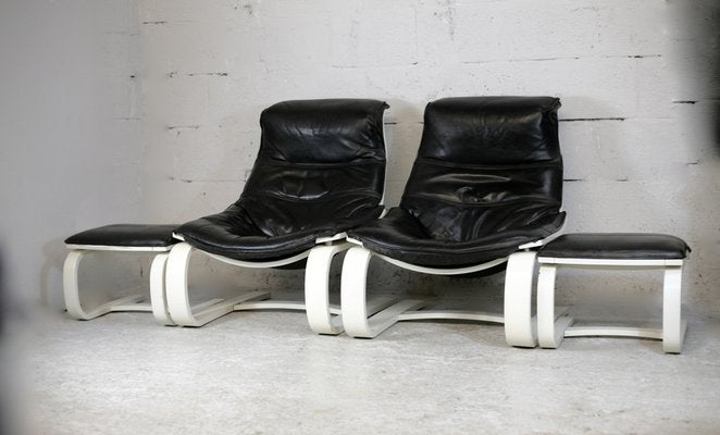 Swedish Black Leather and Cream Lacquered Wood Armchairs and Ottomans, 1975, Set of 4-MAO-1270893