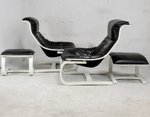 Swedish Black Leather and Cream Lacquered Wood Armchairs and Ottomans, 1975, Set of 4-MAO-1270893